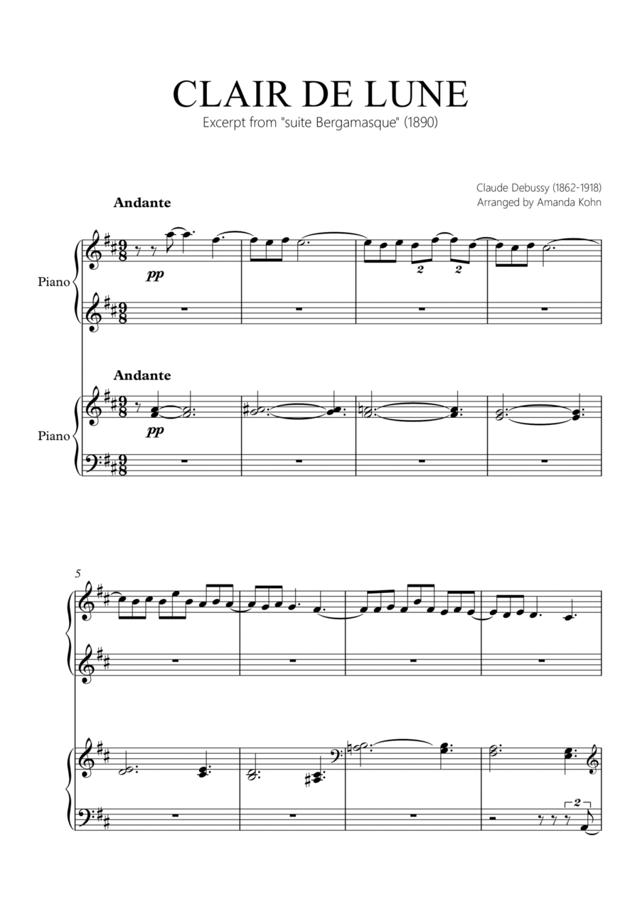 Clair de Lune - 4 hands (D maj) 1 Piano, 4-Hands scores gallery preview page 1