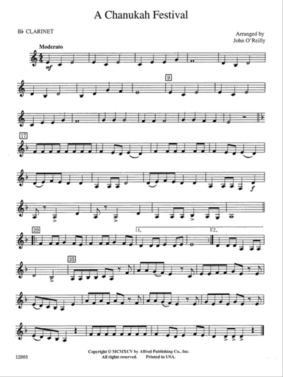 A Chanukah Festival: 1st B-flat Clarinet Concert Band scores gallery preview page 1