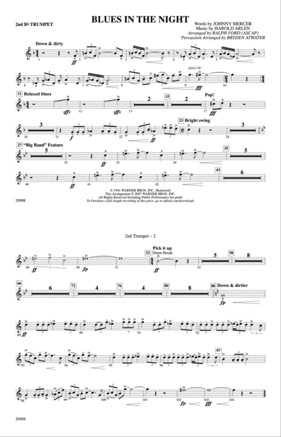 Blues in the Night: 2nd B-flat Trumpet Marching Band scores gallery preview page 1