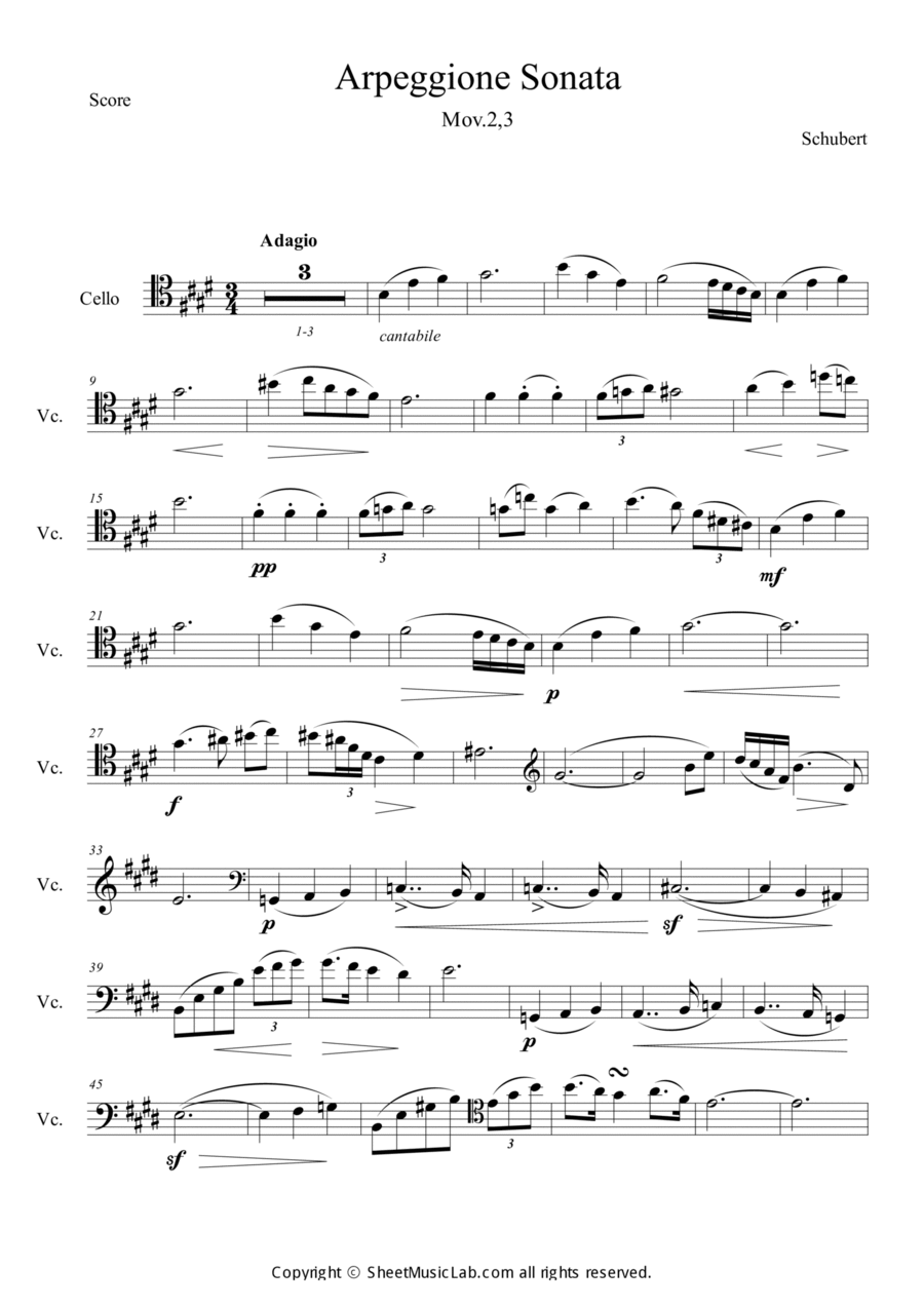 Schubert : Arpeggione Sonata Mov. 2,3 Cello scores gallery preview page 1