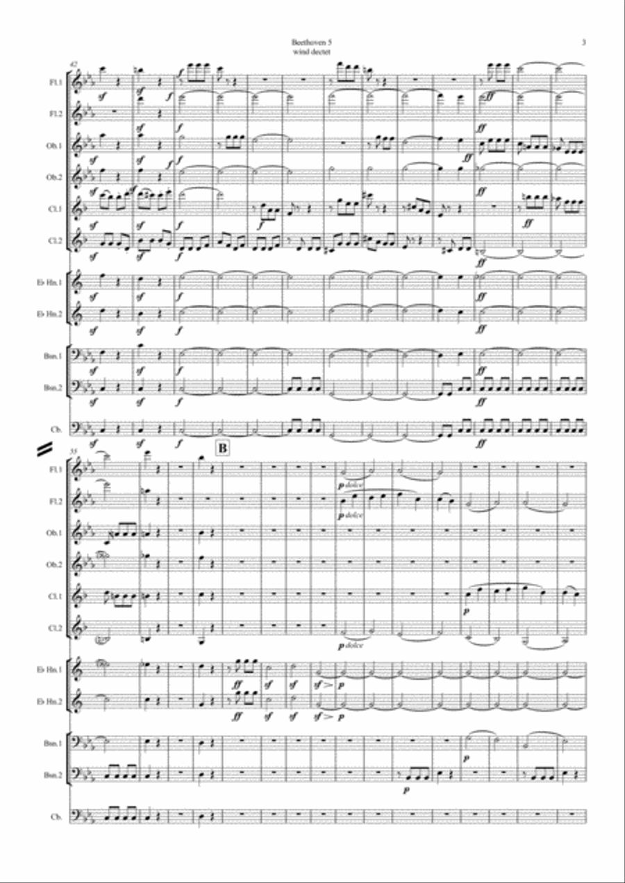 Beethoven: Symphony No.5 Op.67 Mvt.I - wind dectet (and opt. double bass) Double Bass scores gallery preview page 3