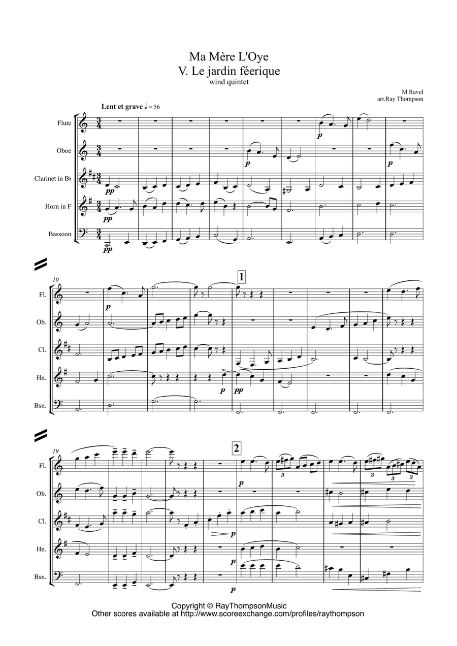Ravel: Ma Mère L’Oye (Mother Goose Suite) V. Le jardin féerique (The fairy garden) - wind quintet Woodwind Quintet scores gallery preview page 1