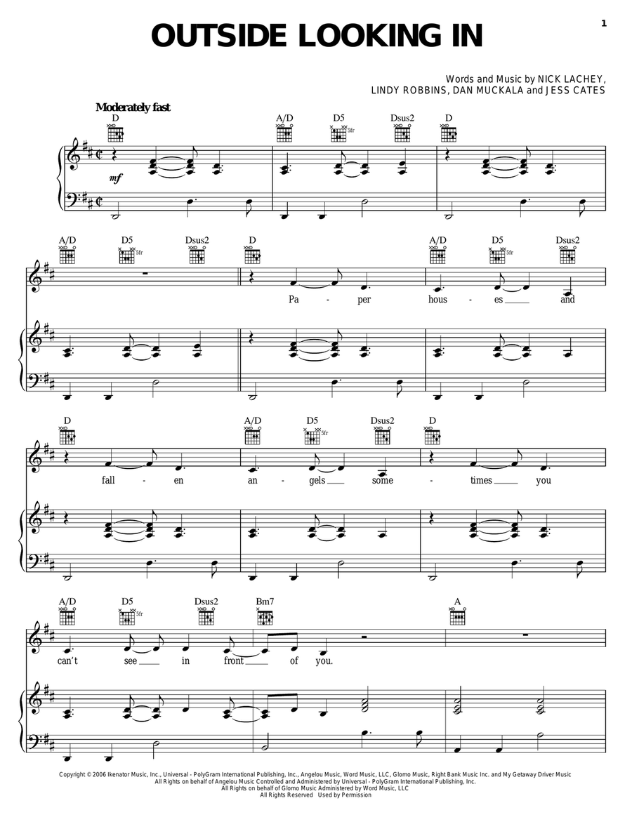 Outside Looking In Piano, Vocal, Guitar scores gallery preview page 1