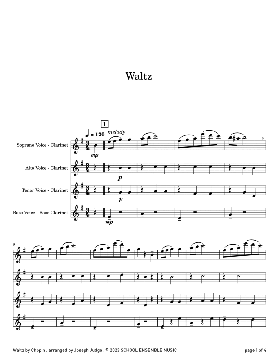 Waltz by Chopin for Clarinet Quartet in Schools Clarinet Quartet scores gallery preview page 1