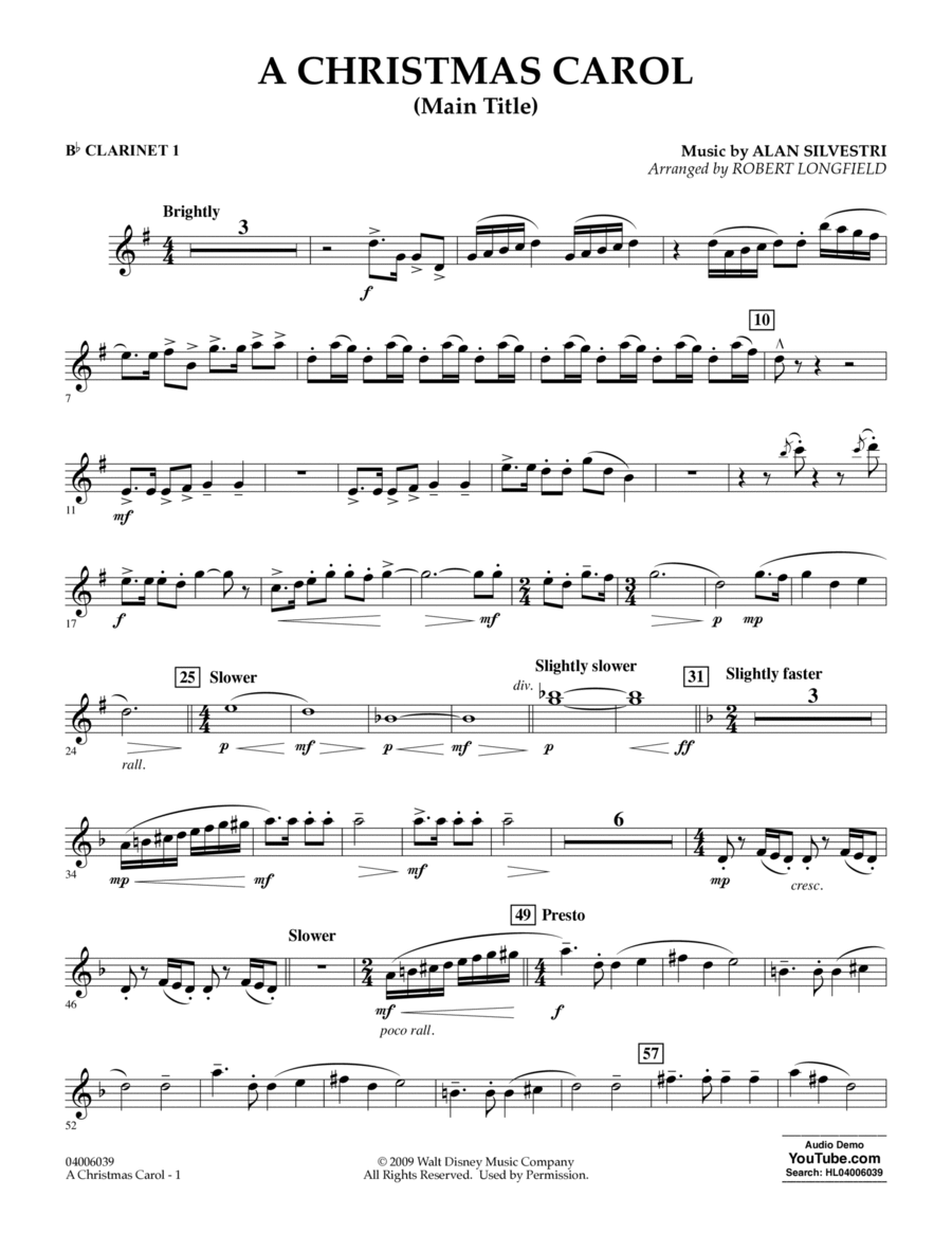 A Christmas Carol (Main Title) (arr. Robert Longfield) - Bb Clarinet 1