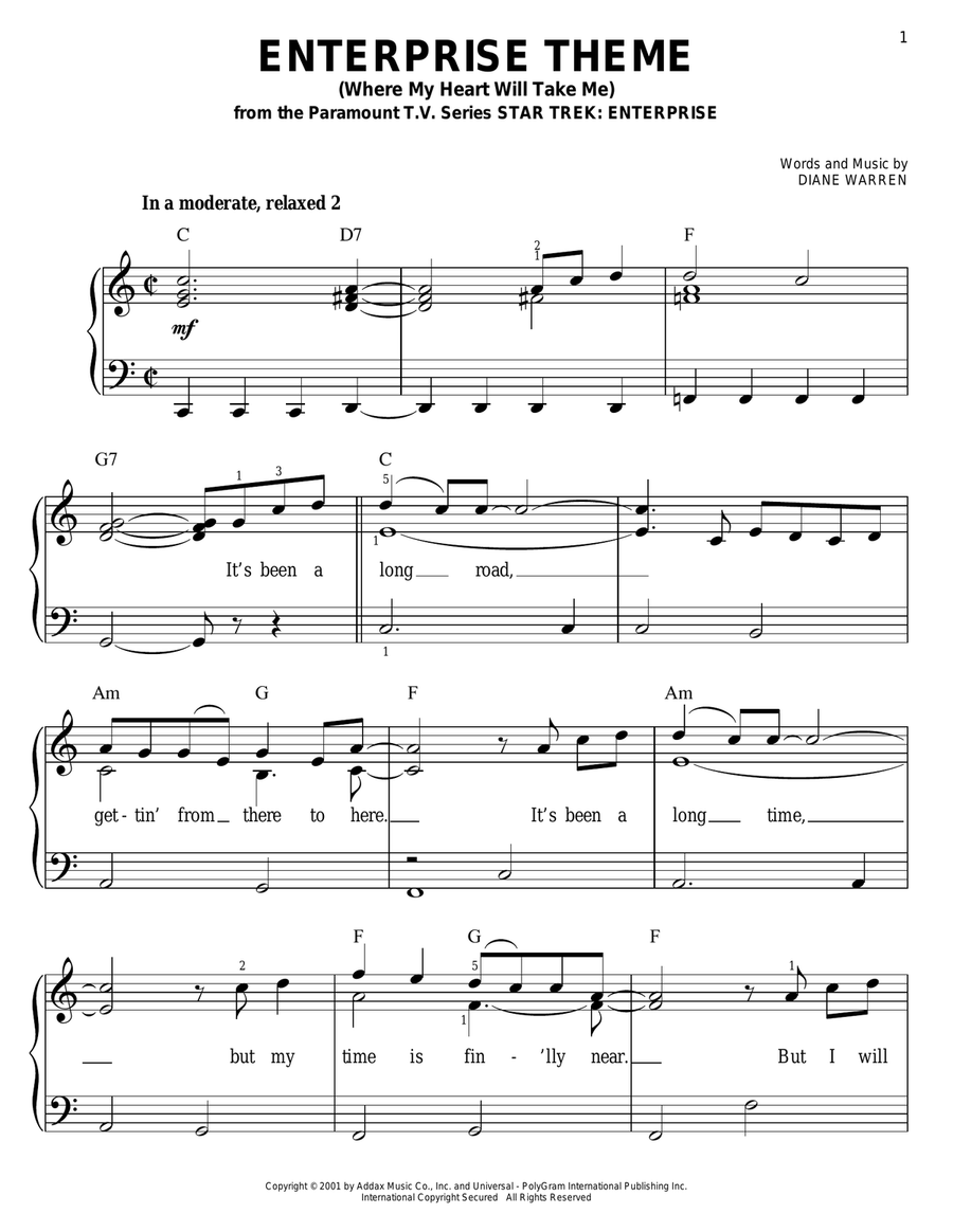 Enterprise Theme (Where My Heart Will Take Me) Easy Piano scores gallery preview page 1