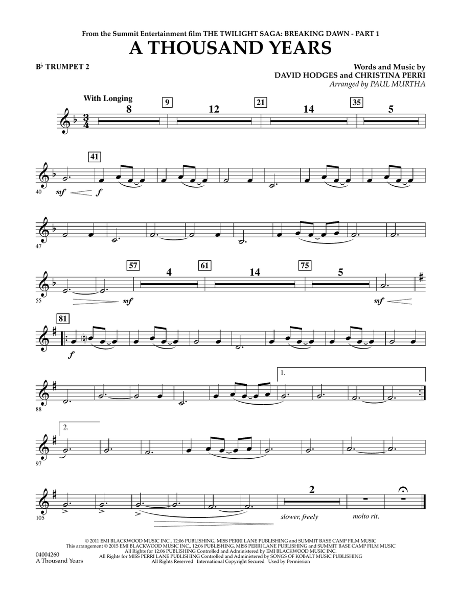 A Thousand Years (from The Twilight Saga: Breaking Dawn, Part 1) - Bb Trumpet 2 Concert Band scores gallery preview page 1
