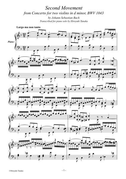 Second Movement from Concerto for two violins BWV 1043, for piano solo