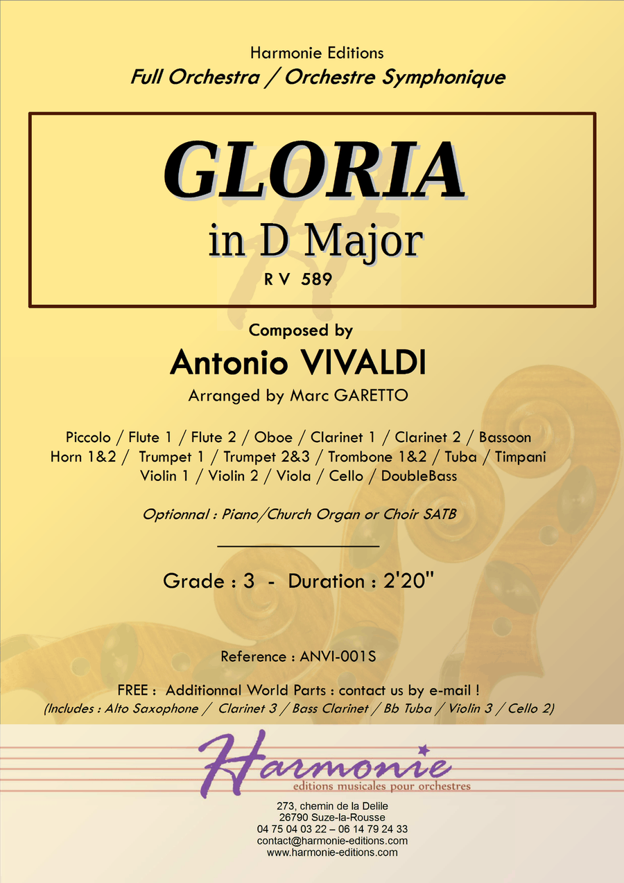 GLORIA RV 589 - Antonio VIVALDI - for Full Orchestra - Arr. Marc Garetto / Optionnal Organ and Choir 4-Part scores gallery preview page 1