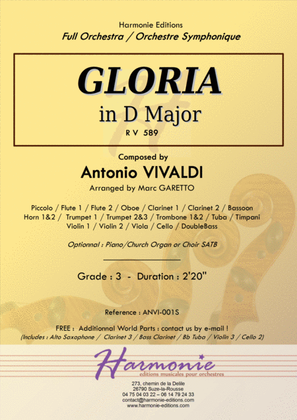 Book cover for GLORIA RV 589 - Antonio VIVALDI - for Full Orchestra - Arr. Marc Garetto / Optionnal Organ and Choir