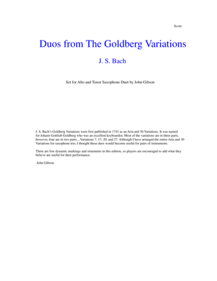 Book cover for J. S. Bach Duos from The Goldberg Variations set for Alto and Tenor Saxophone