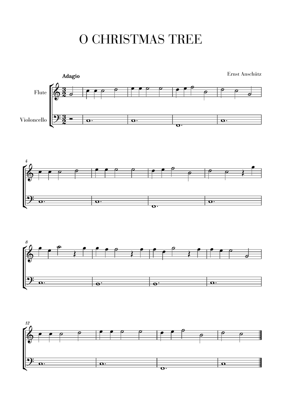 O Christmas Tree for Flute and Cello﻿ - Very Easy/Beginner Flute scores gallery preview page 1