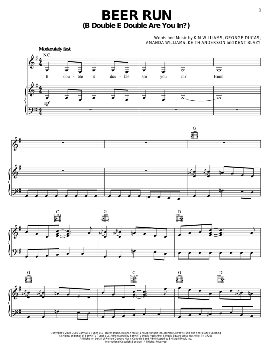 Beer Run (B Double E Double Are You In?) Piano, Vocal, Guitar scores gallery preview page 1