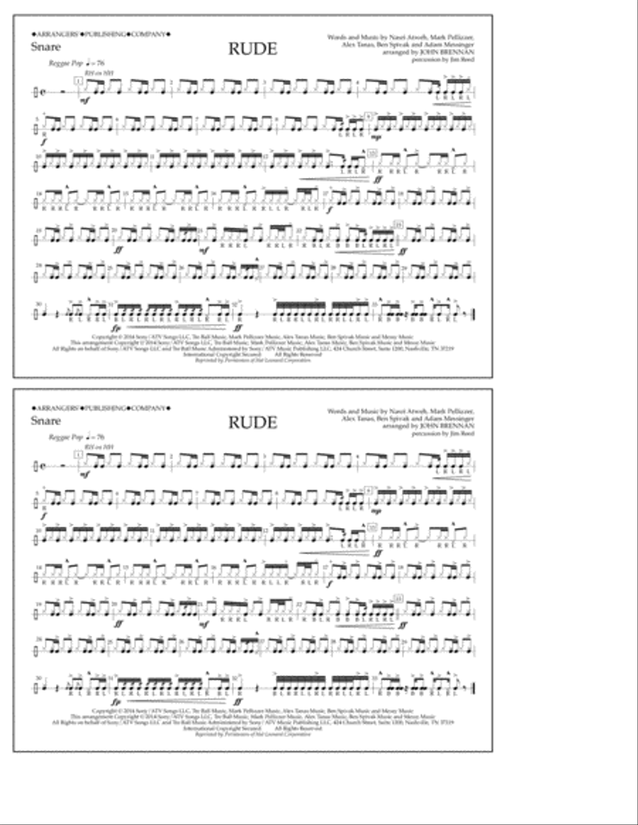 Rude - Snare Marching Band scores gallery preview page 1