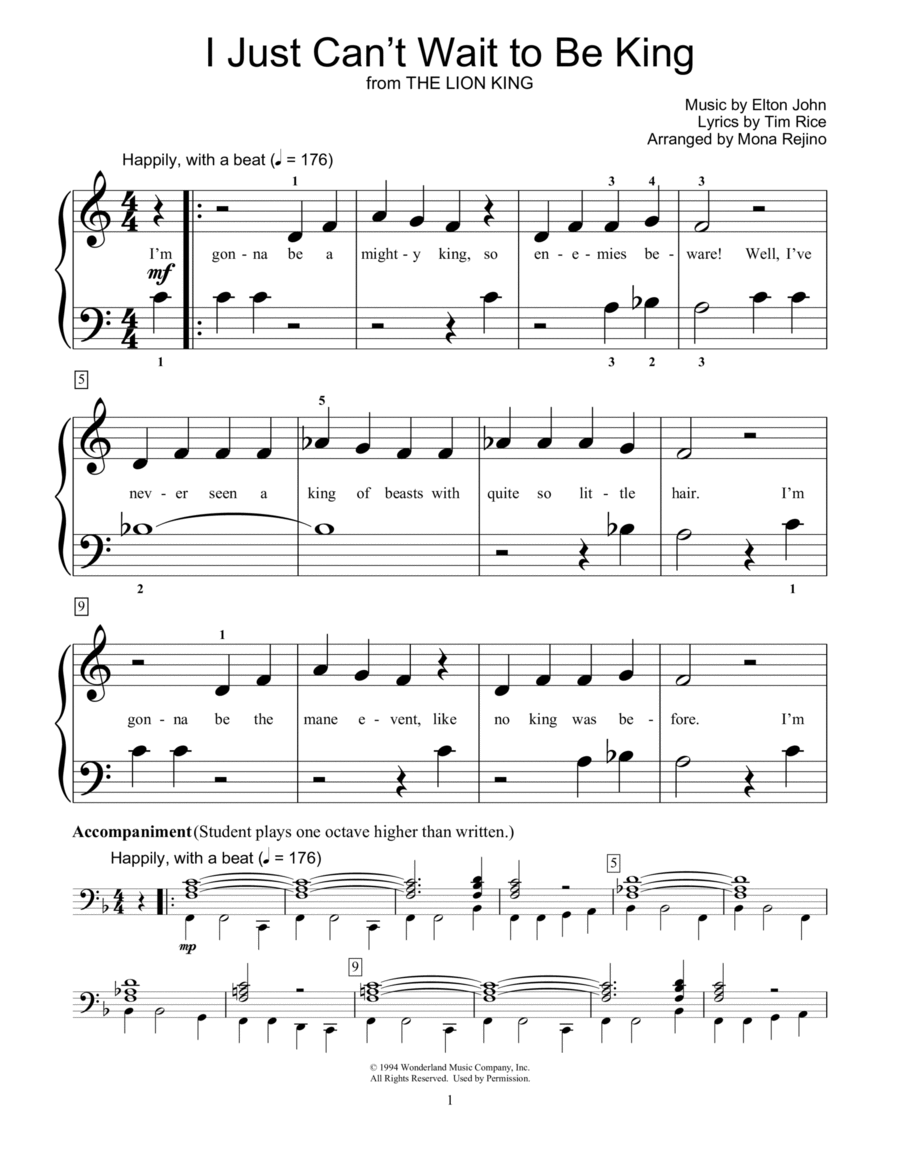 I Just Can't Wait To Be King (from The Lion King) (arr. Mona Rejino) Piano Method scores gallery preview page 1