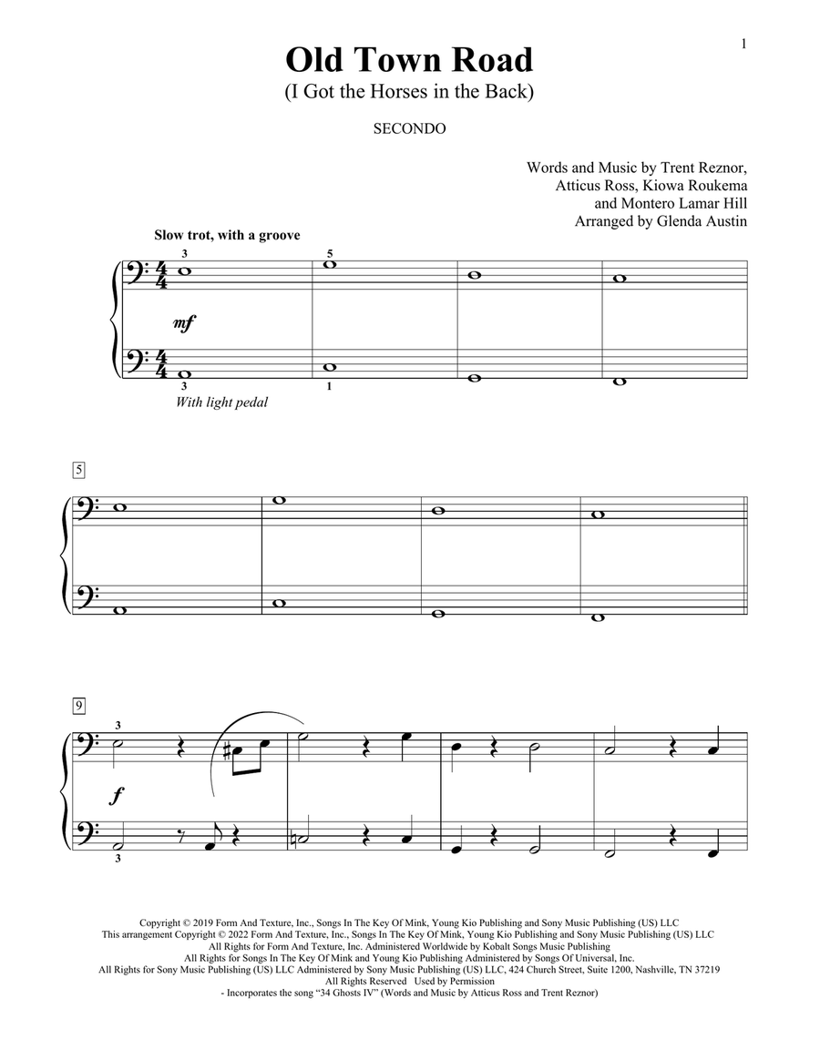 Old Town Road (I Got The Horses In The Back) (arr. Glenda Austin) 1 Piano, 4-Hands scores gallery preview page 1