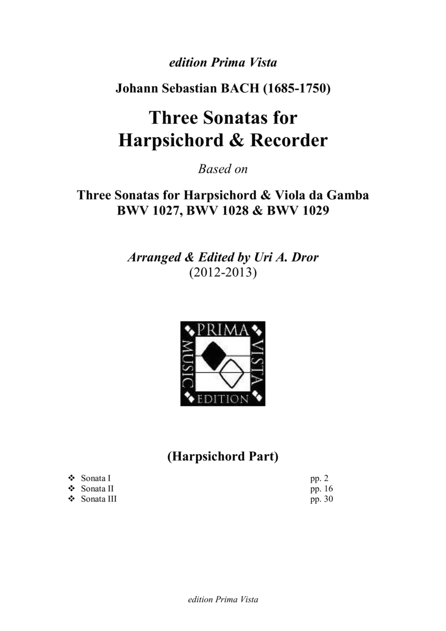 J. S. Bach, Three Sonatas for Alto Recorder & Harpsichord BWV 1027-1029 (harpsichord part) Chamber Music scores gallery preview page 1