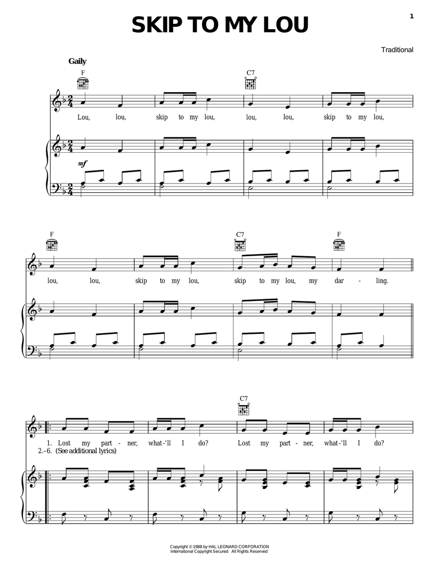 Skip To My Lou Piano, Vocal, Guitar scores gallery preview page 1