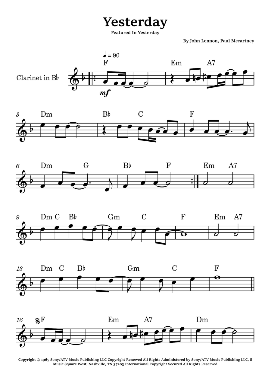 Yesterday B-Flat Clarinet scores gallery preview page 1