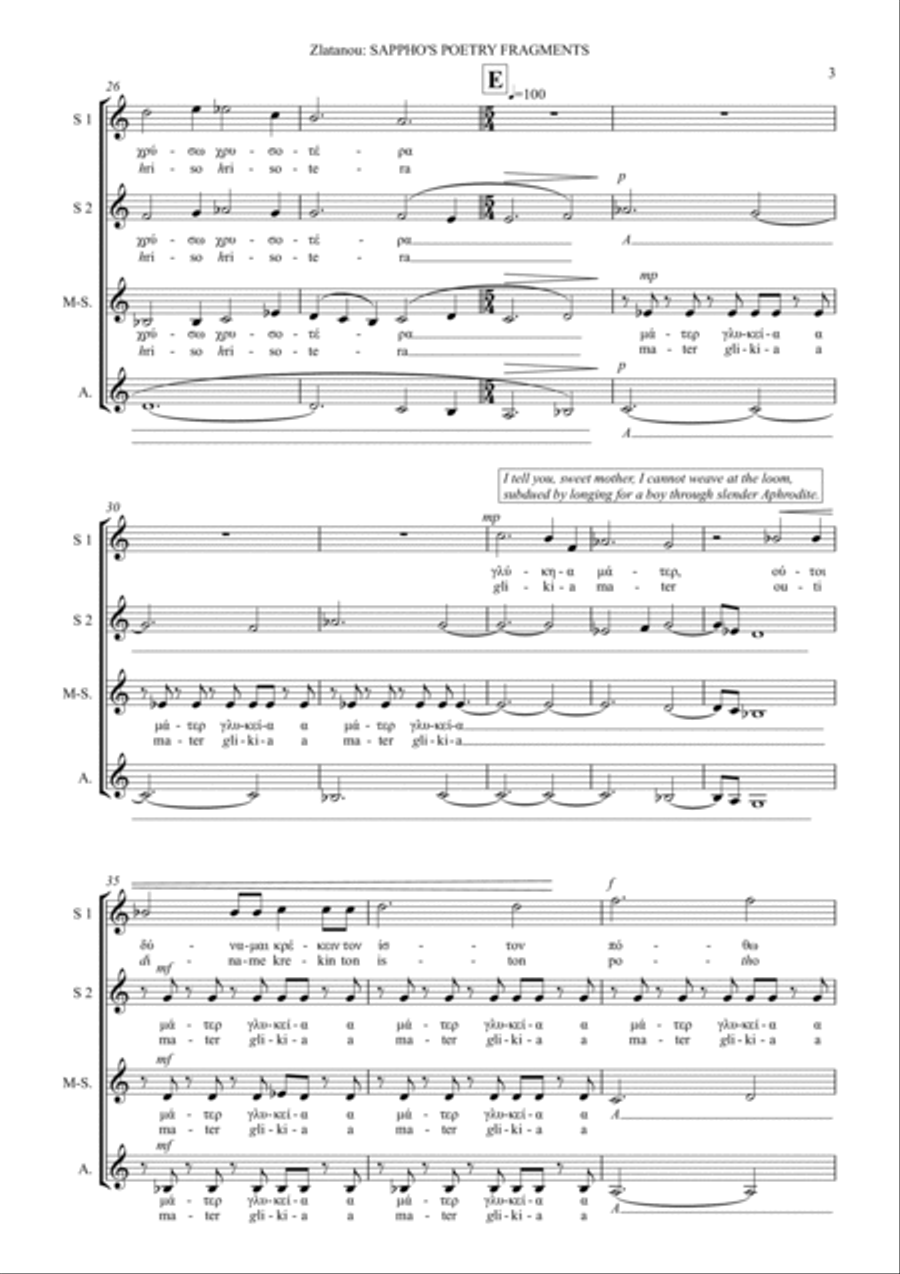 SAPPHO'S POETRY FRAGMENTS, for SSAA choir / vocal ensemble, a cappella SSAA scores gallery preview page 3
