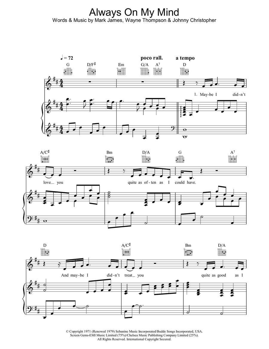 Always On My Mind Piano, Vocal, Guitar scores gallery preview page 1