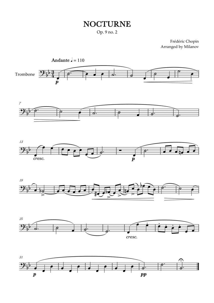 Chopin Nocturne op. 9 no. 2 | Trombone | B-flat Major | Easy beginner image number null