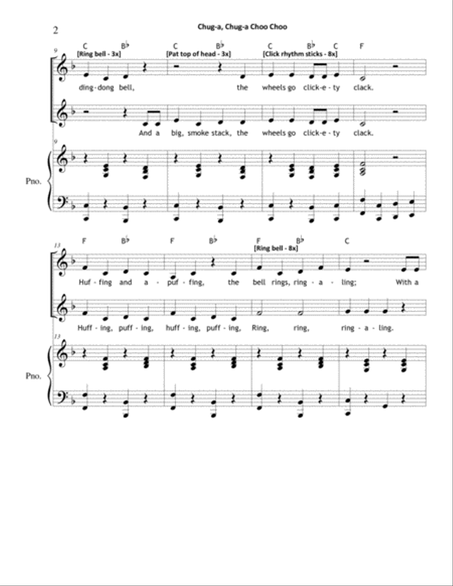 Chug-a Chug-a Choo Choo (Unison/2-Part Mixed Chorus with Optional Sand Blocks/Bell/Rhythm Sticks/Tra Unison Choir scores gallery preview page 2