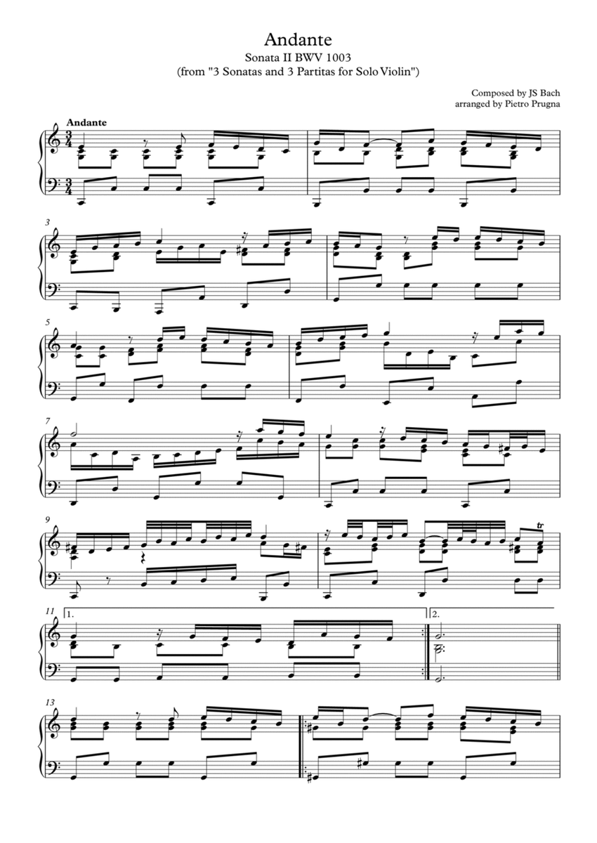 Andante (from "3 Partitas and 3 Sonatas for Solo Violin") (BWV 1003) - arranged for Solo Piano image number null
