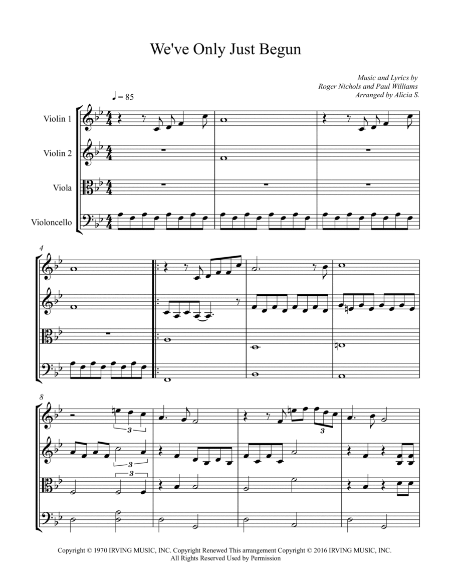 We've Only Just Begun String Quartet scores gallery preview page 1
