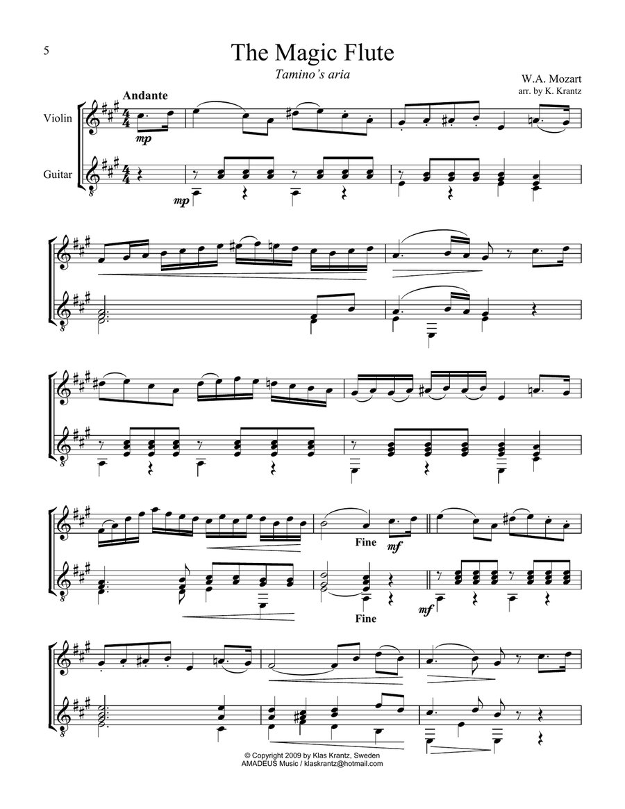 8 short pieces by W.A. Mozart arranged for violin and guitar String Duet scores gallery preview page 6