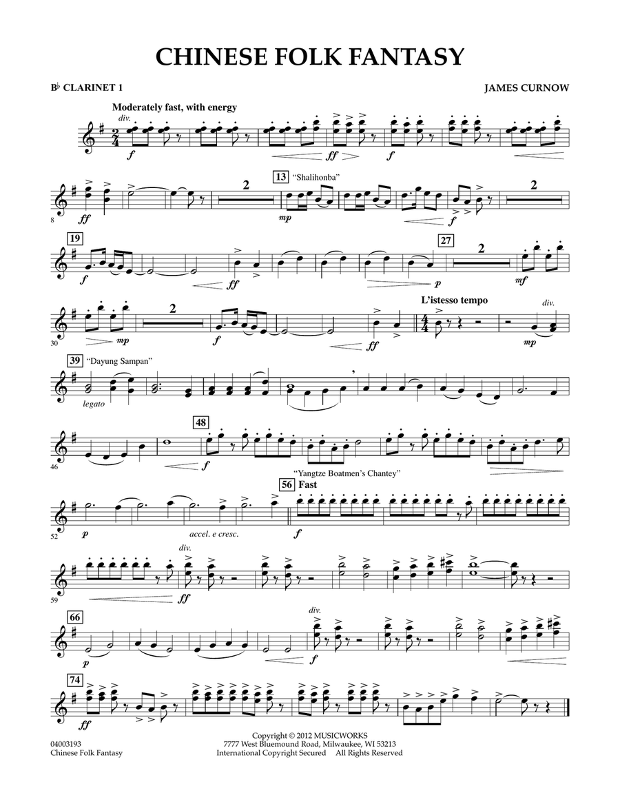 Chinese Folk Fantasy - Bb Clarinet 1 Concert Band scores gallery preview page 1