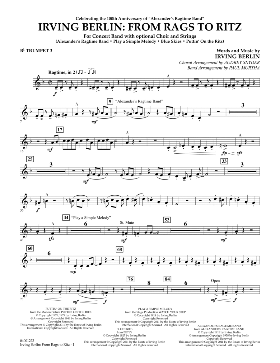 Irving Berlin: From Rags To Ritz - Bb Trumpet 3 Concert Band scores gallery preview page 1