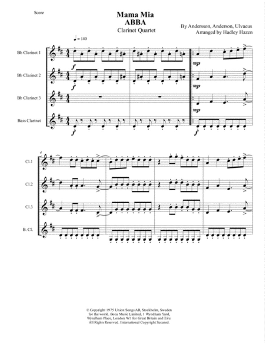 Mamma Mia Woodwind Quartet scores gallery preview page 1