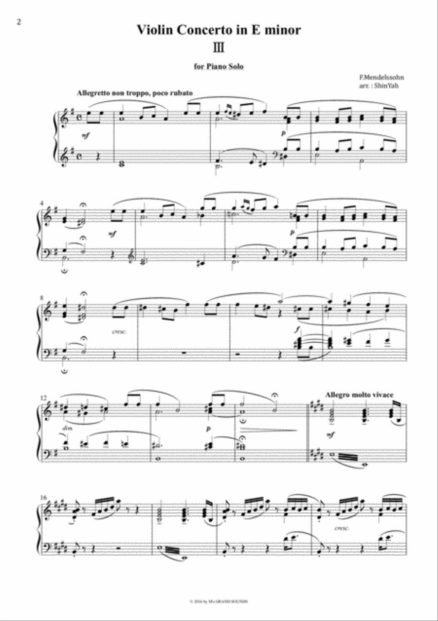 Mendelssohn Violin Concerto in E miner for Piano Solo Piano Solo scores gallery preview page 2