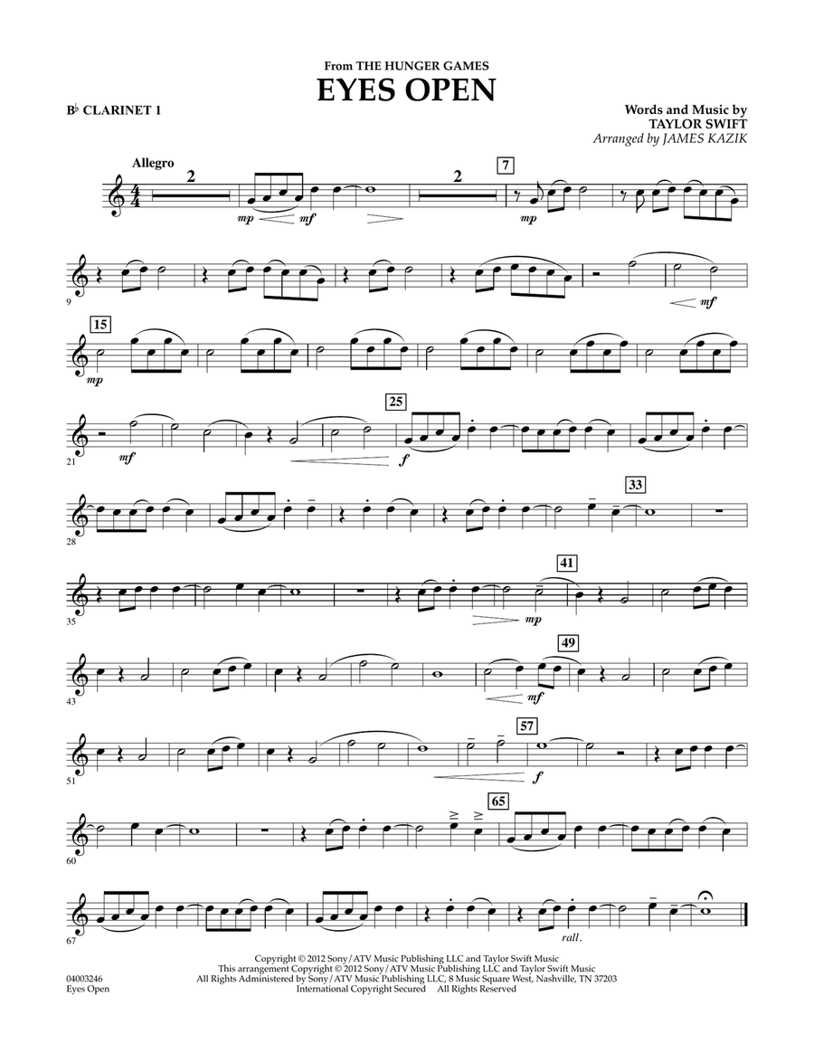 Eyes Open (from The Hunger Games) - Bb Clarinet 1 Concert Band scores gallery preview page 1