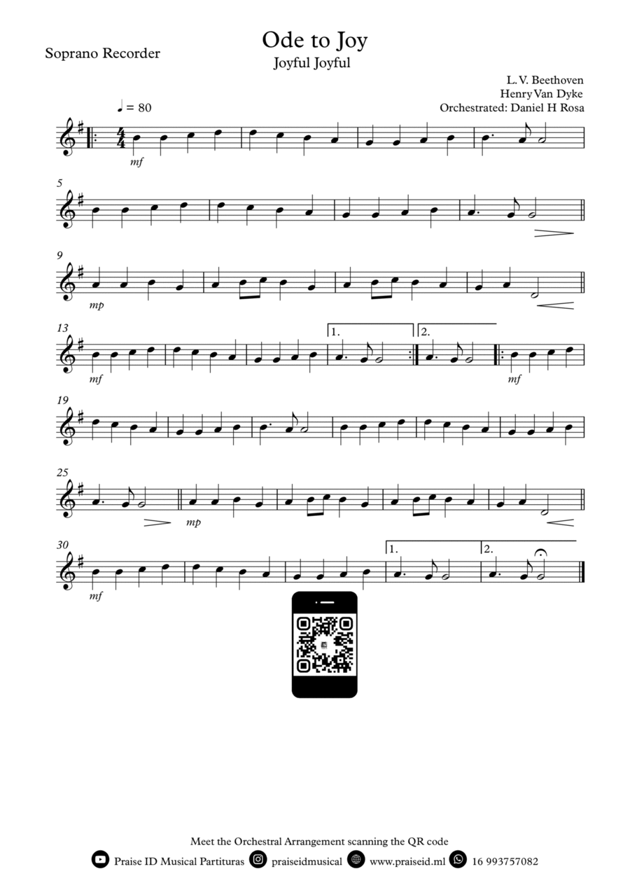 Ode to Joy - Joyful Joyful - Easy Soprano Recorder Soprano Recorder scores gallery preview page 1