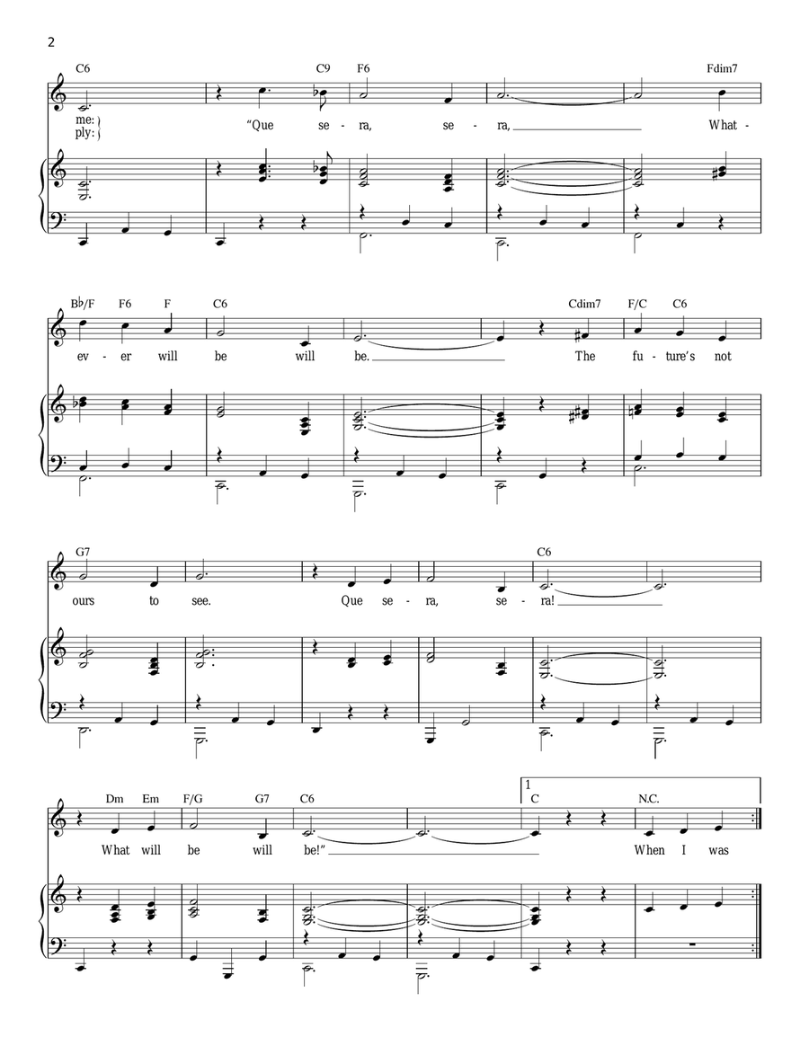 Que Sera, Sera (Whatever Will Be, Will Be) Piano, Vocal scores gallery preview page 2