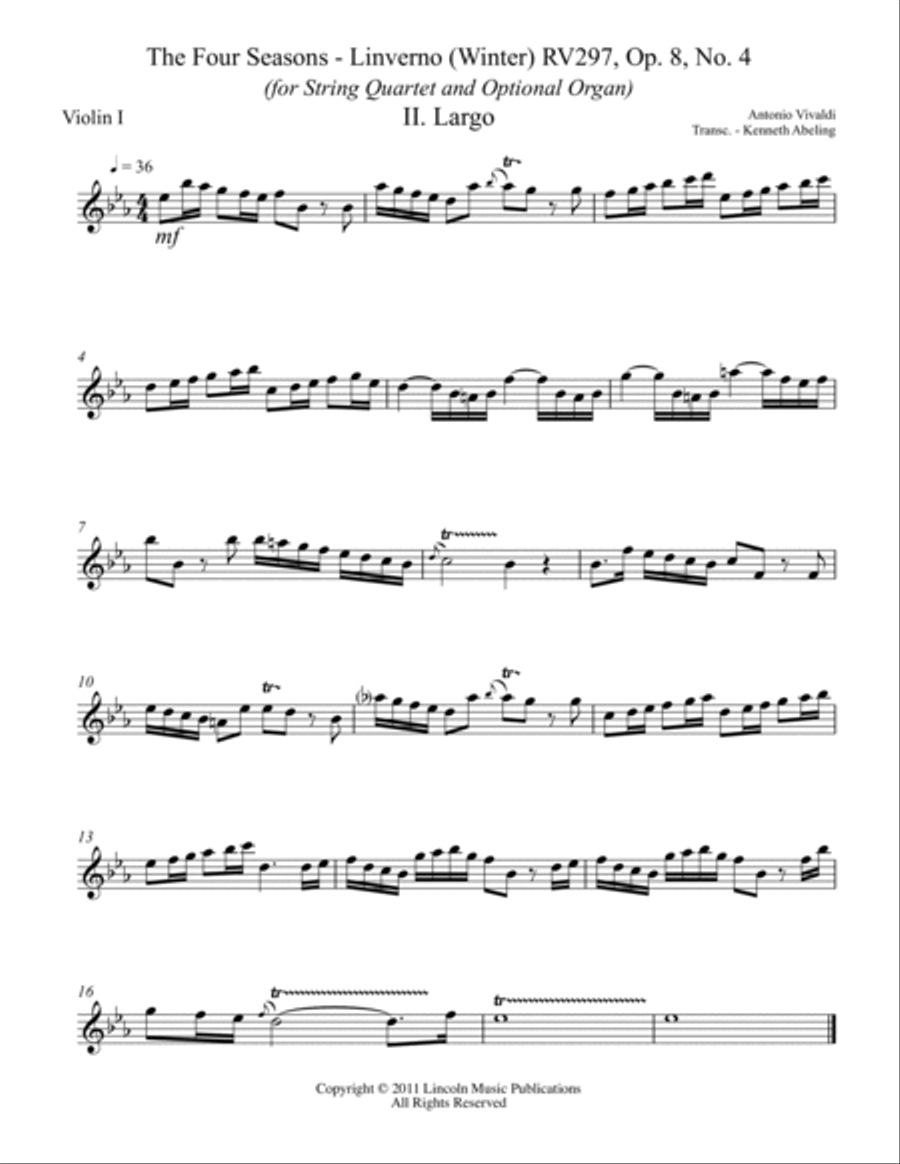 Vivaldi – L’inverno “Winter” 2. Largo from The Four Seasons - (for String Quartet) String Quartet scores gallery preview page 4
