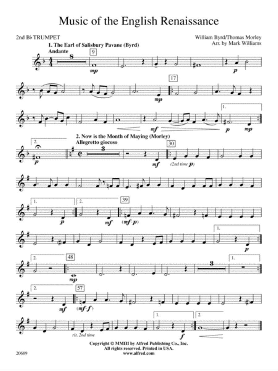 Music of the English Renaissance: 2nd B-flat Trumpet Concert Band scores gallery preview page 1