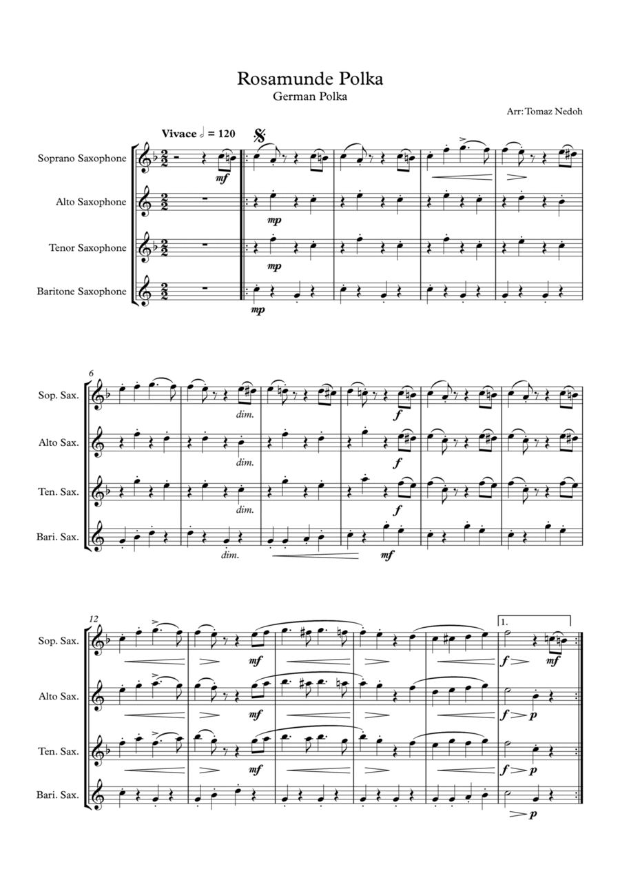 Rosamunde Polka for Saxophone Quartet Saxophone Quartet scores gallery preview page 1
