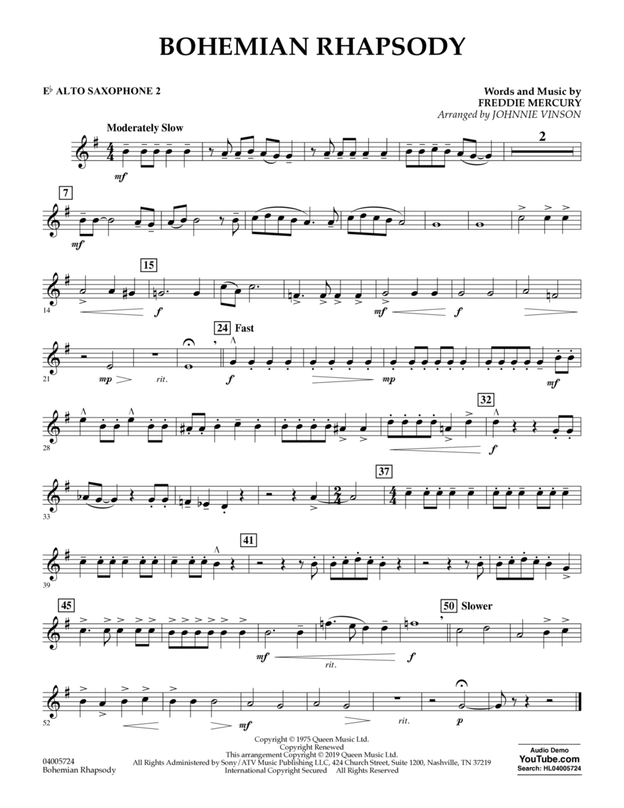 Bohemian Rhapsody (arr. Johnnie Vinson) - Eb Alto Saxophone 2