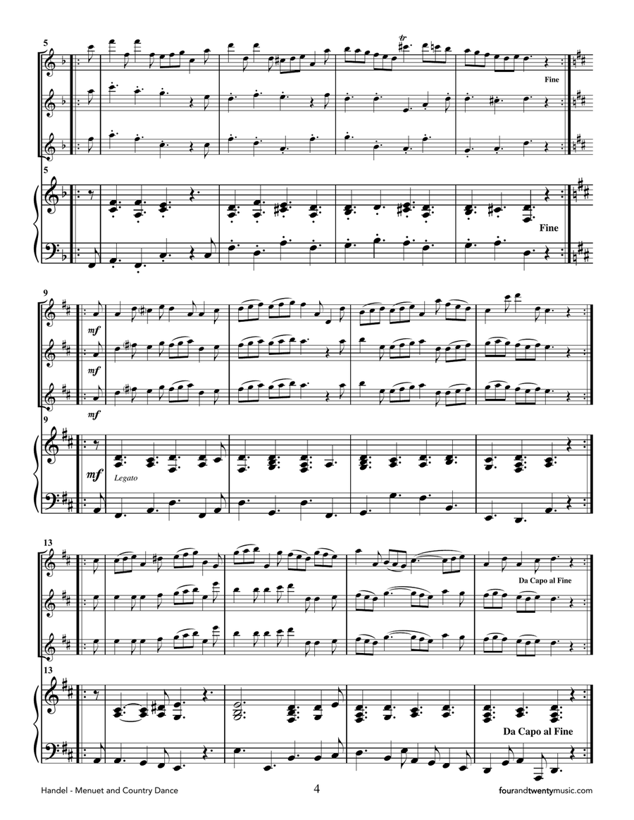 Menuet & Country Dance from the 'Water Music' arranged for three flutes and piano image number null