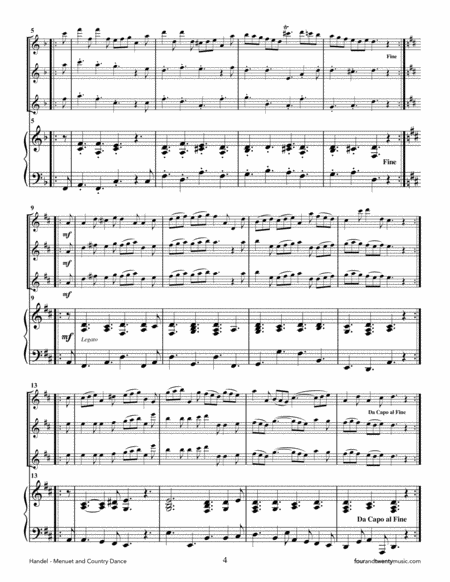 Menuet & Country Dance from the 'Water Music' arranged for three flutes and piano image number null