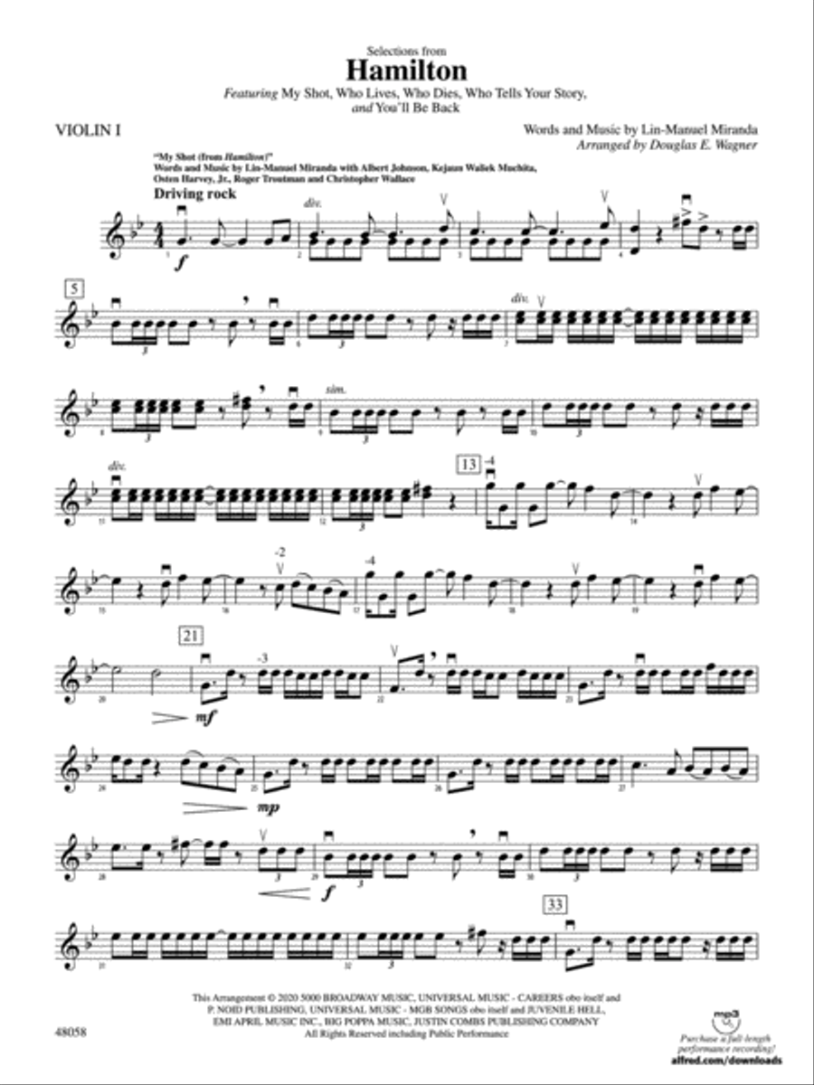 Selections from Hamilton: 1st Violin String Orchestra scores gallery preview page 1