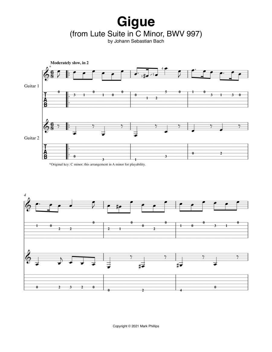 Gigue (from Lute Suite in C Minor, BWV 997) Lute scores gallery preview page 1