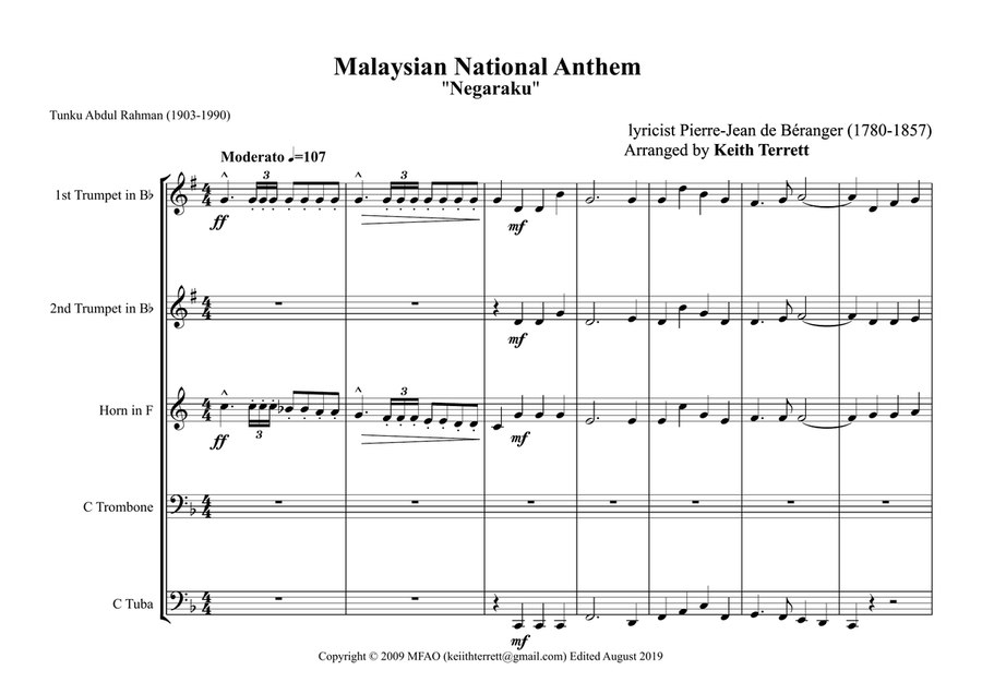 Malaysian National Anthem for Brass Quintet (World National Anthem Series) Brass Quintet scores gallery preview page 2
