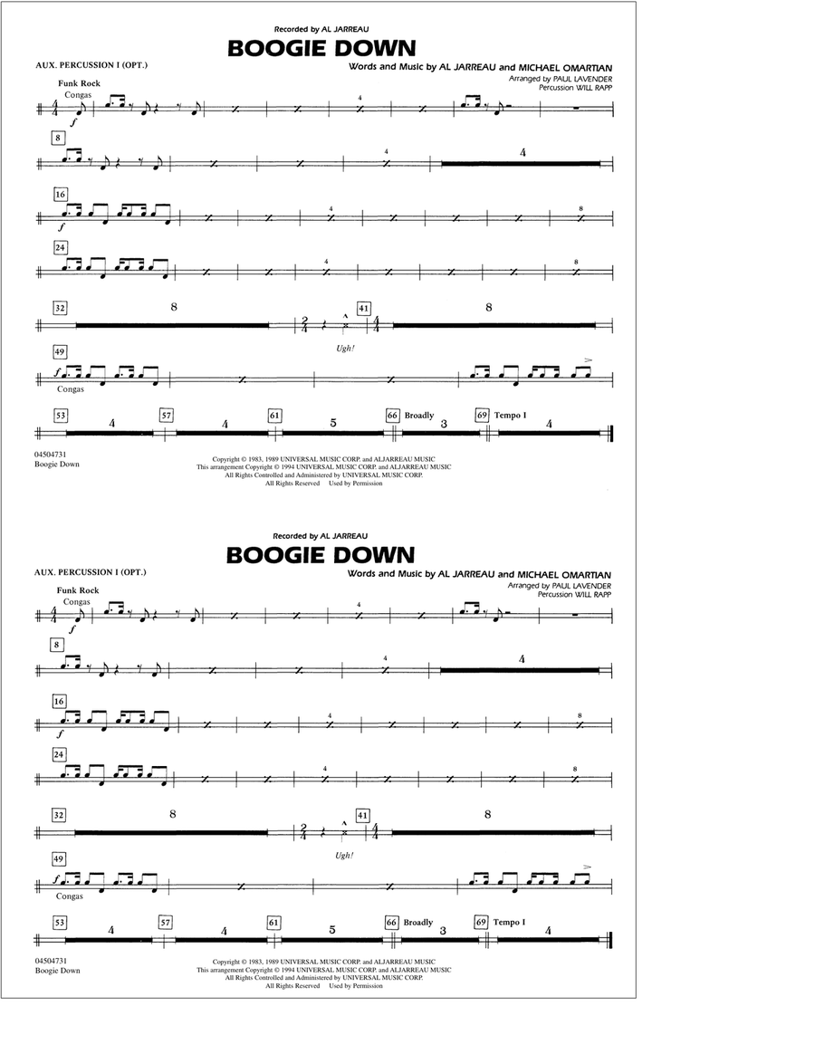 Boogie Down - Aux. Percussion 1 Marching Band scores gallery preview page 1