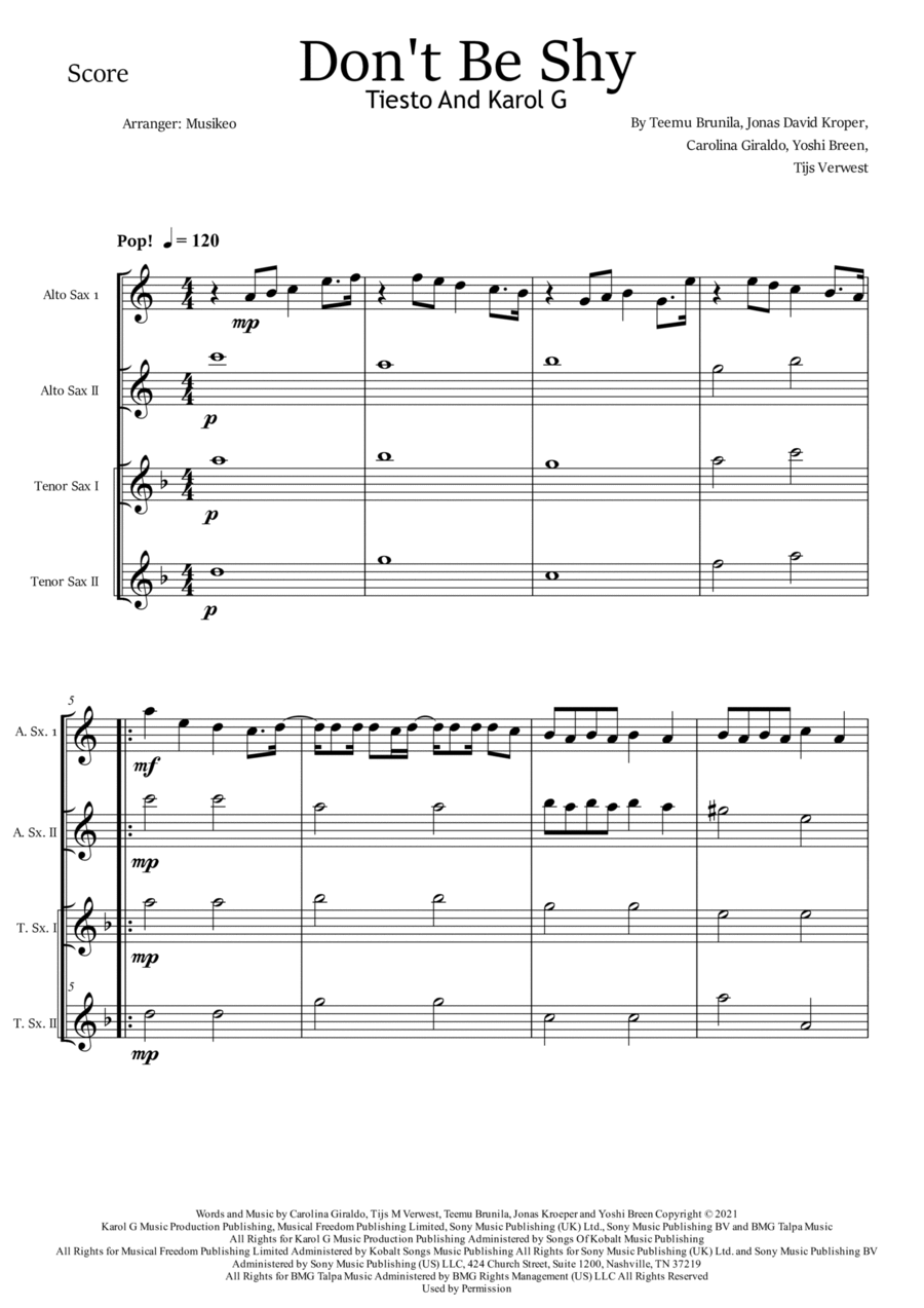 Don't Be Shy Saxophone Quartet scores gallery preview page 1