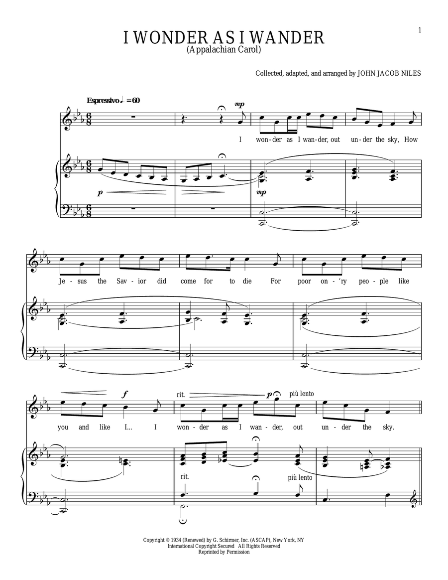 I Wonder As I Wander Piano, Vocal scores gallery preview page 1