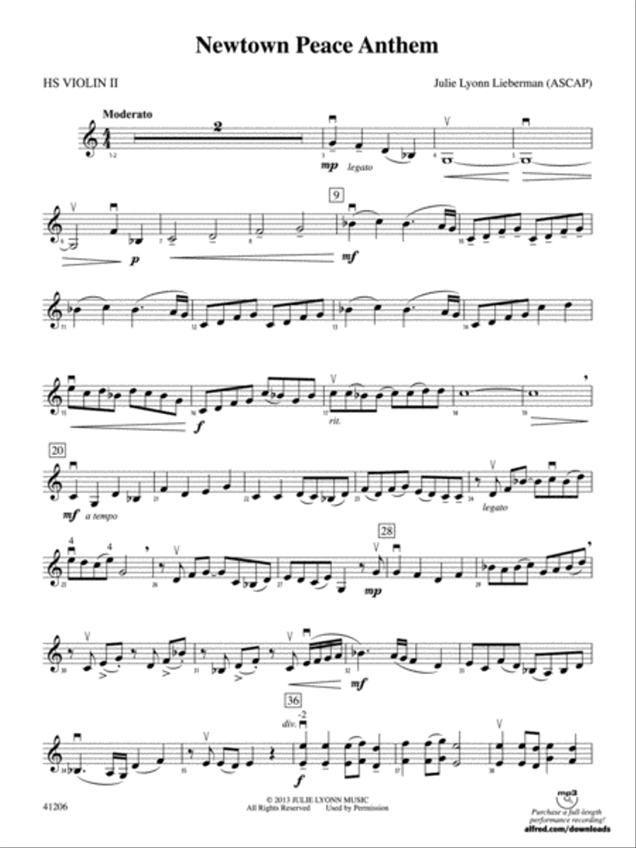 Newtown Peace Anthem: HS Violin 2 String Orchestra scores gallery preview page 1